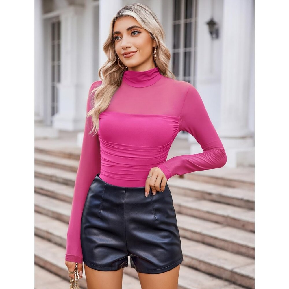 Women's Rose Red Long Sleeve Bodysuit Turtle Neck Mesh One Piece Shirt Shapewear - Picture 4 of 6
